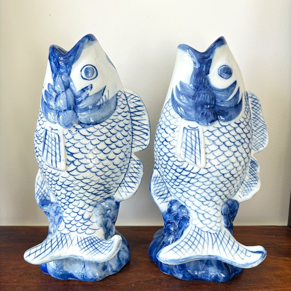 Blue and White Ceramic Koi Fish Bud Vases Pair Chinoiserie Coastal Decor 9.5in